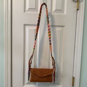 Brown Leather Crossbody Bag with Multicolor Strap